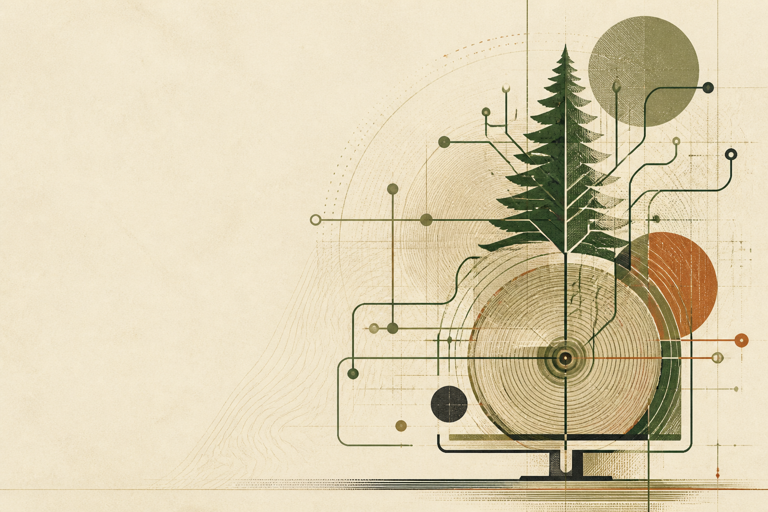 Abstract PINE illustration combining network paths, tree rings and pine geometry